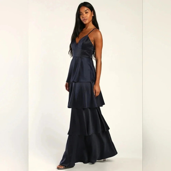Lulus Going with Elegance Navy Blue Satin Tiered Gown Wedding Party Guest Formal - Picture 3 of 11
